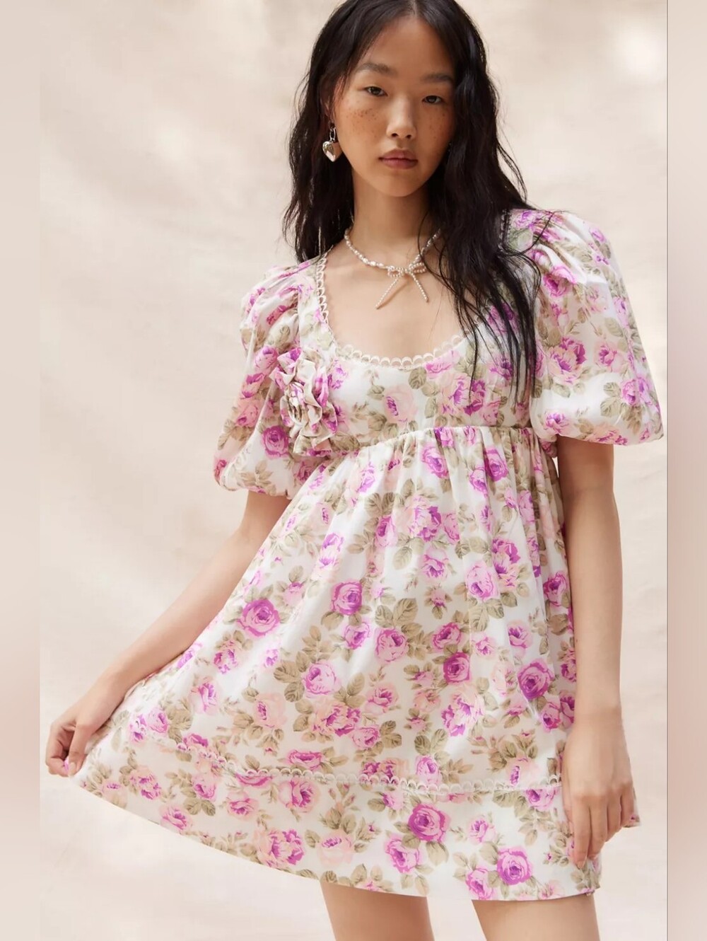 NWT For Love And Lemons Pink Rose Print Puff-Sleeve Babydoll Dress